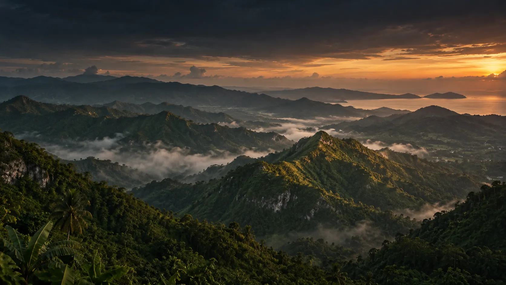 Misty green mountains of Cebu at dusk