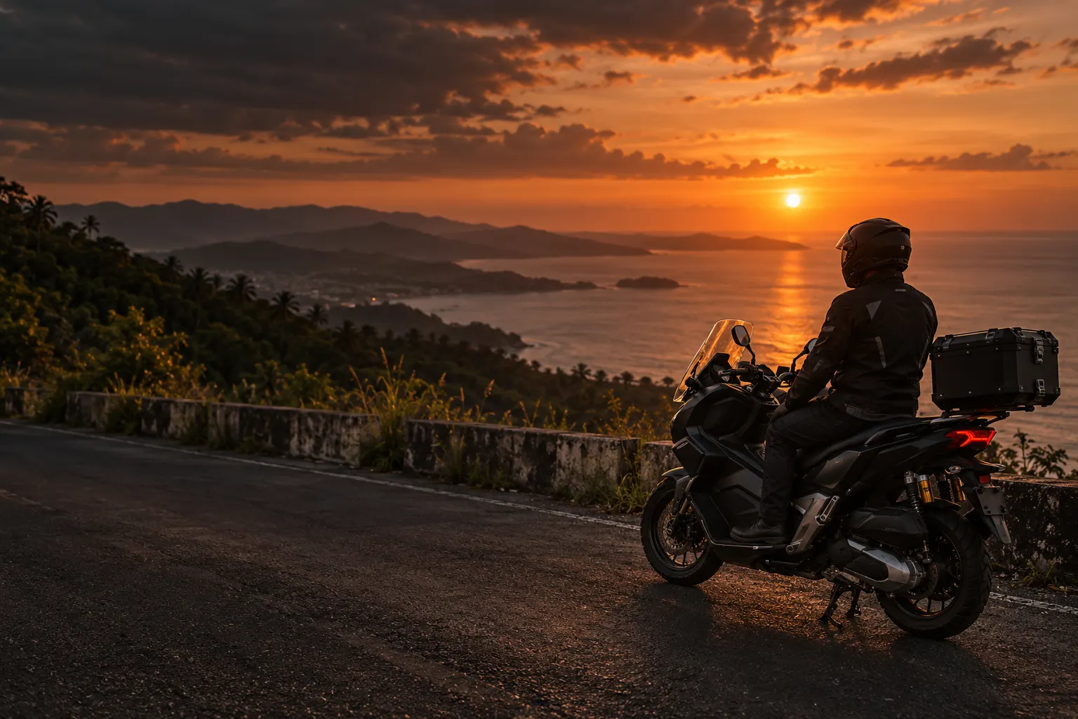 Rider on a black adventure scooter with a top box, parked above the Cebu coast at sunset